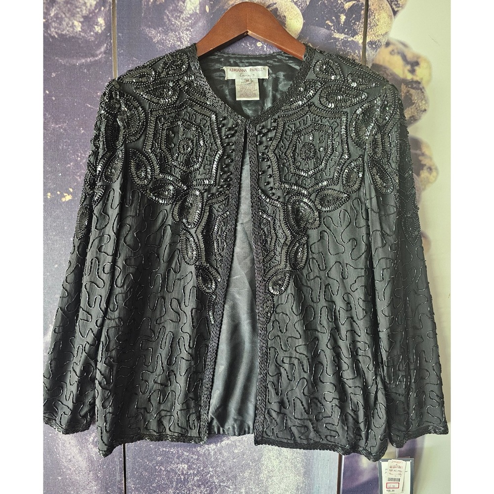 Adrianna Papell Evening Beaded Sequin‎ Jacket Bolero Black Party Elegant Size M - Picture 4 of 11